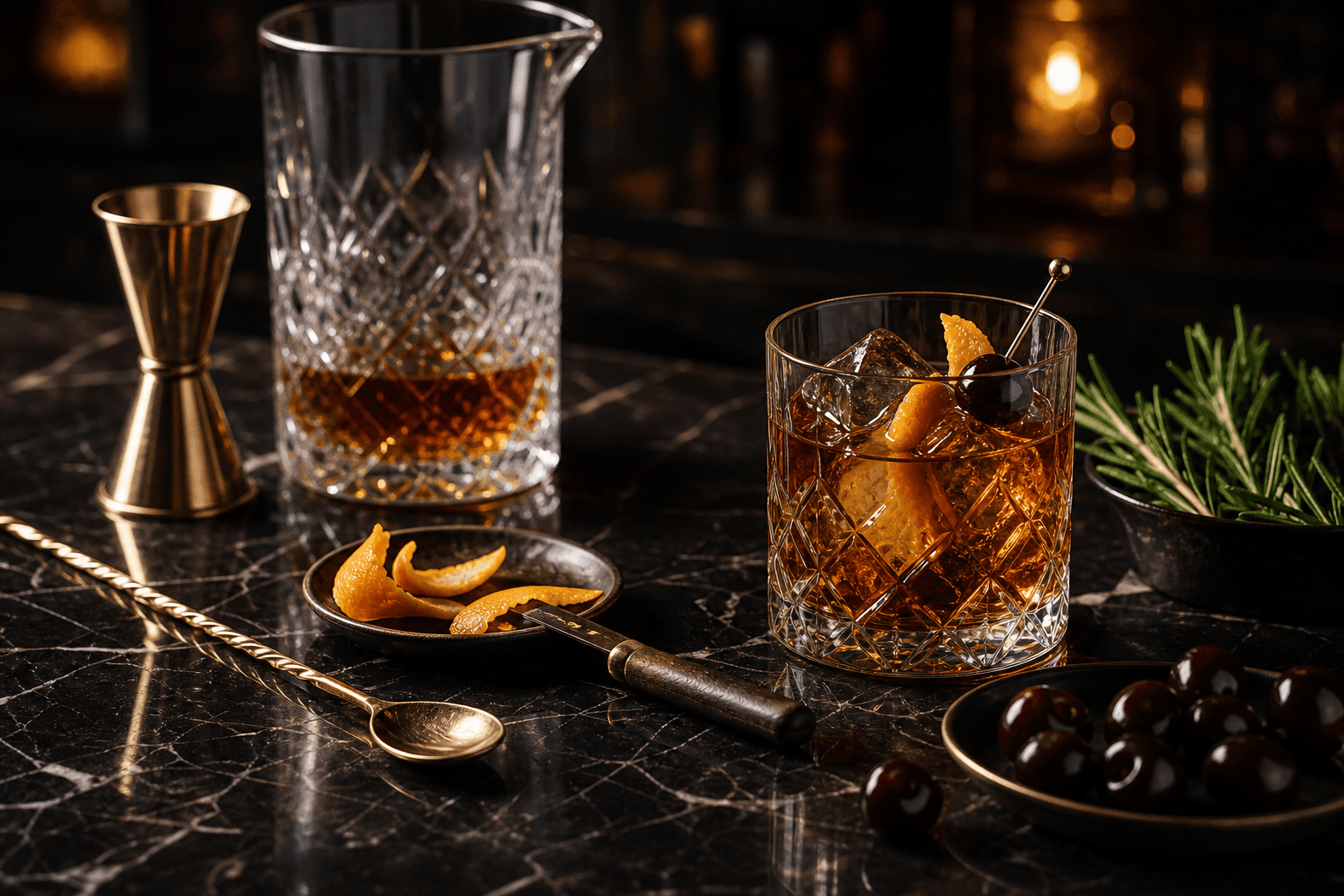 Amber cocktail with citrus, cherries and brass bar tools on black marble