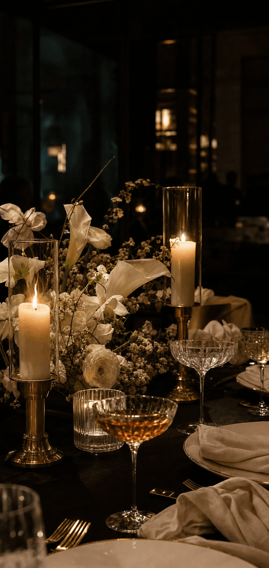 Candlelit table set with crystal coupes, ivory florals and brass details