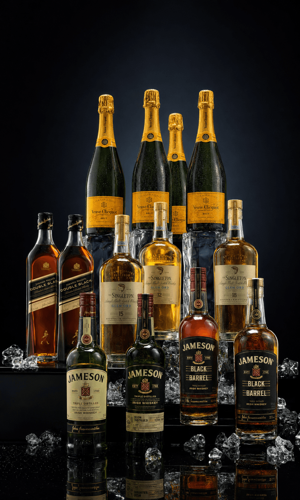 A curated collection of premium spirits and champagne staged for selection