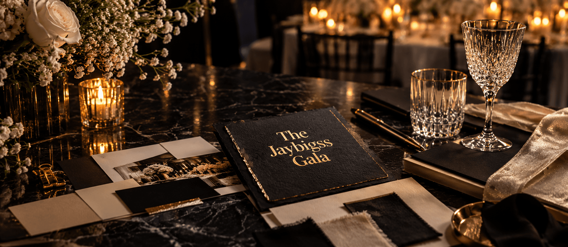 Event planning details with linen swatches, florals, crystal glassware and candlelight